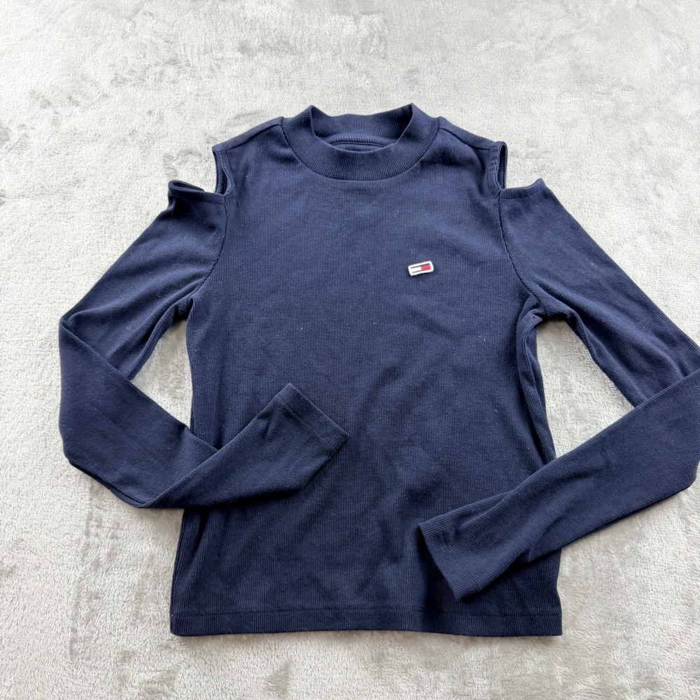Tommy Jeans Women's XS Navy Blue Cold Shoulder Ribbed Mock Neck Long Sleeve Top